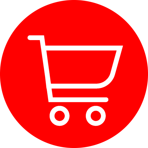 Ruka-Kuusamo ikoni ostoskärry ostokset punainen pyöreä