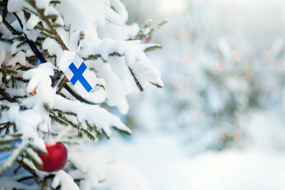 Suomen lippu lumisessa puussa lippunauhassa, kuva Ruka-Kuusamo Matkailu - Adobe Stoce licenced