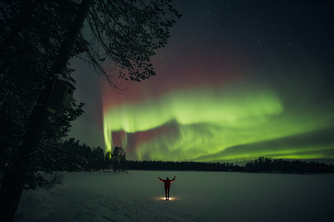 Revontulet järvellä Ruka-Kuusamossa, kuva Mikko Santasalo