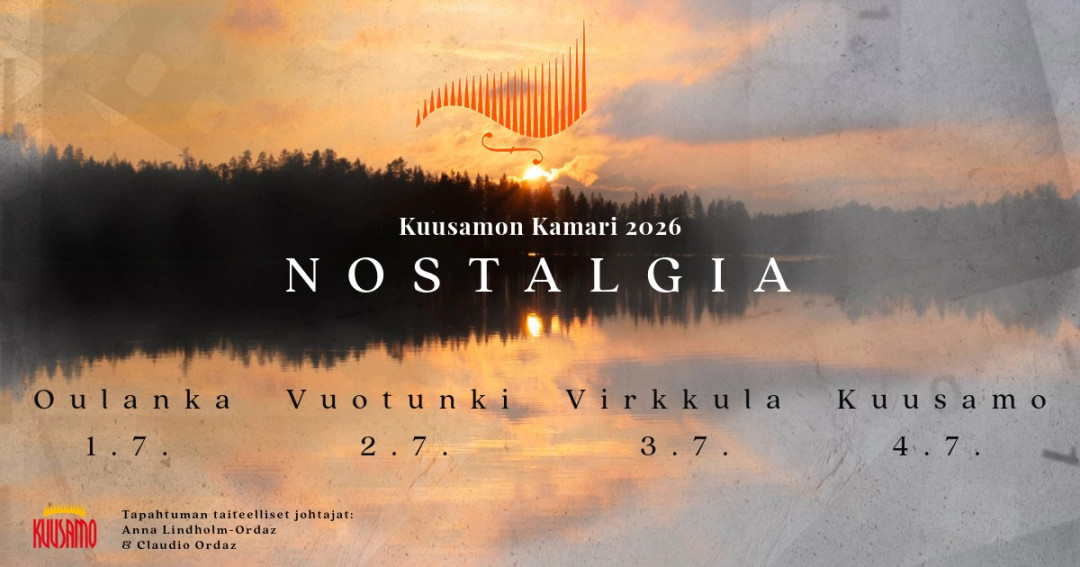 Kuvassa auringonlasku järvellä ja konserttipaikat tekstinä.