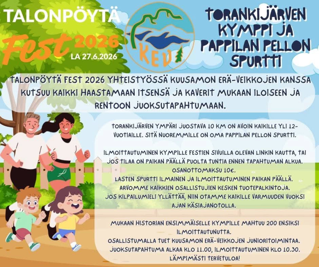 Talonpöytä Fest 2026 juoksutapahtuma torankijärven kymppi ja pappilan spurtti