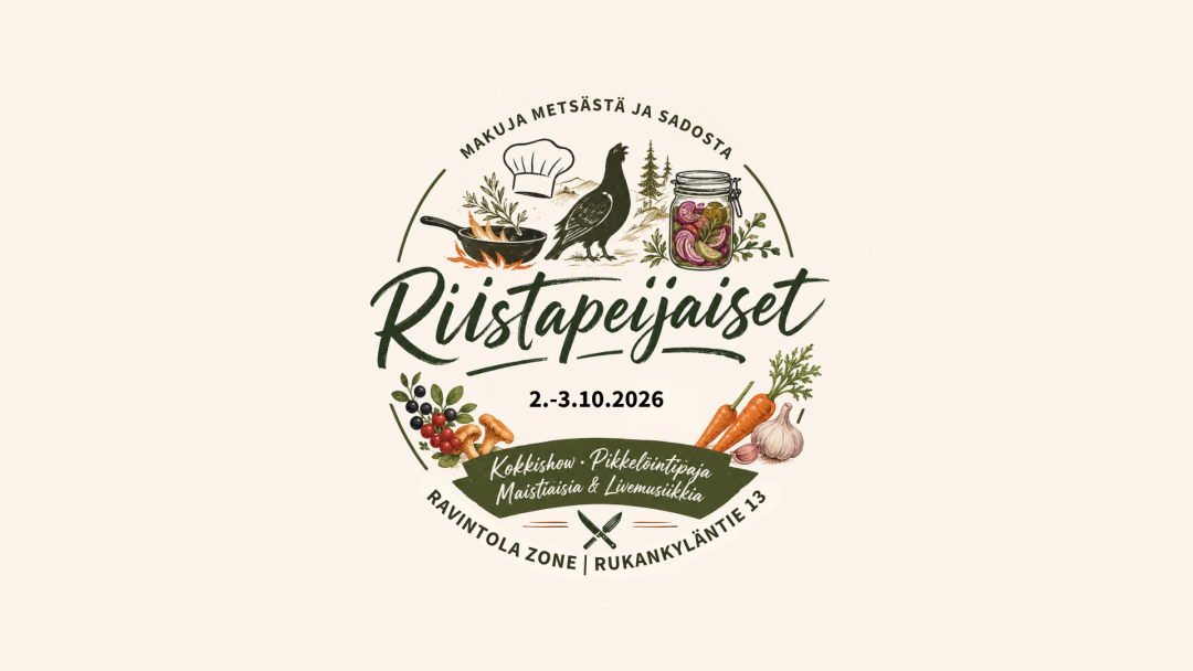 Riistapeijaiset-tapahtuman logo Ravintola Zonessa Rukalla. Logossa näkyy teeri, kokkishow, pikkelöintipaja, satokauden vihanneksia, sieniä ja marjoja. Tapahtuma juhlistaa suomalaista villiruokaa, riistaa ja syksyn makuja.