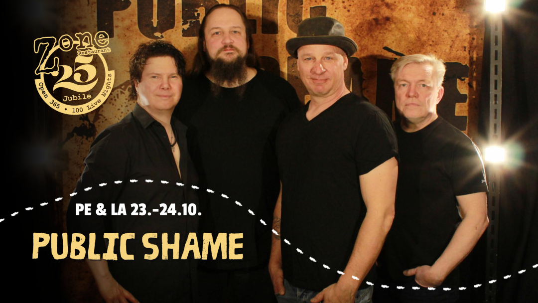 Mainos Coverbändi Public Shamen keikasta Ravintola Zonessa perjantaina ja lauantaina 23.-24.10.2026