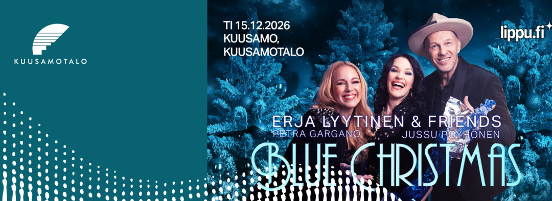 Muusikot Ptera Gargano, ERja Lyytinen ja Jussu Pöyhönen jouluisella taustalla.