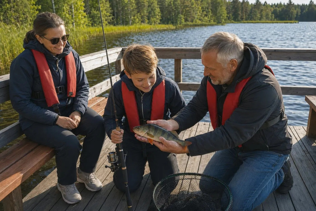 Koko perhe voi kalastaa Juumajärvellä oppaan johdatuksella. Kuva Basecamp Oulanka