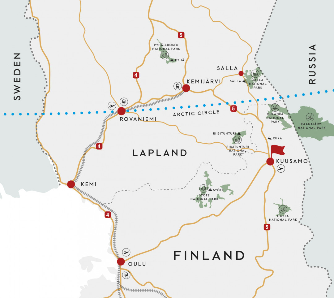 Kuusamo ja kansallispuistot kartalla
