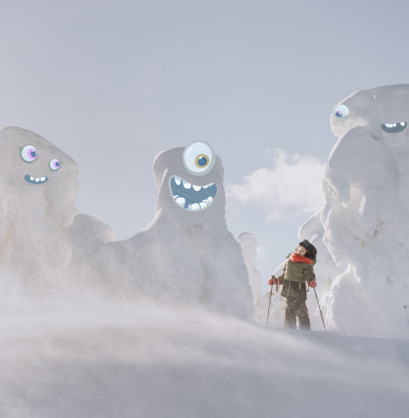 Tykkymonsteri ja lapsi Rukan rinteillä