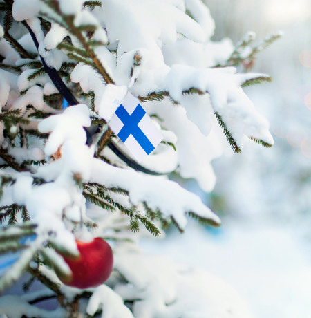 Suomen lippu lumisessa puussa lippunauhassa, kuva Ruka-Kuusamo Matkailu - Adobe Stoce licenced