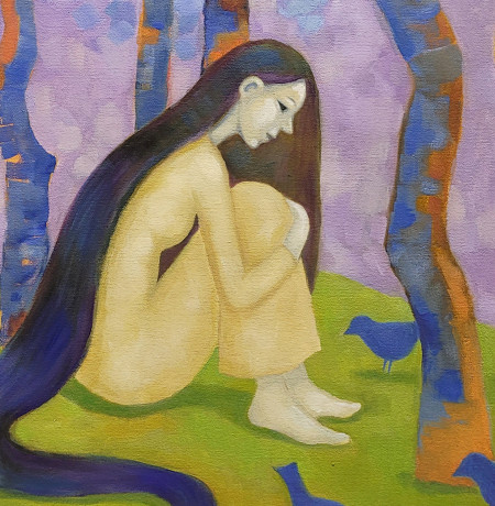 Kuvassa maalaus, jossa nuori nainen istuu nurmella puiden keskellä.
