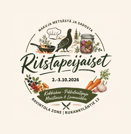 Riistapeijaiset-tapahtuman logo Ravintola Zonessa Rukalla. Logossa näkyy teeri, kokkishow, pikkelöintipaja, satokauden vihanneksia, sieniä ja marjoja. Tapahtuma juhlistaa suomalaista villiruokaa, riistaa ja syksyn makuja.