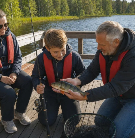 Koko perhe voi kalastaa Juumajärvellä oppaan johdatuksella. Kuva Basecamp Oulanka