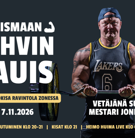 Koillismaan vahvin hauis - hauiskääntökisa ravintola Zonessa lauantaina 7.11.2026. Walk IN -ilmoittautuminen klo 20-21, kisat alkaen klo 21, Heimo Huima live klo 00.00, K18. Sarjat naisille ja miehille. Valitse aloituspainosi. Molempien sarjojen kolme parasta palkitaan.