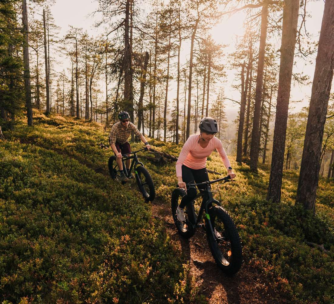 Maastopyöräilijät metsäreitillä, Ruka-Kuusamo