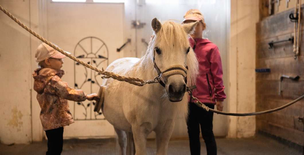 Lapset ja poni tallissa. Kuva Ruska Laukka