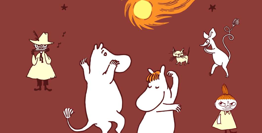 Muumilaakson asukkaita punaisella taustalla, ylhäällä pyrstötähti.